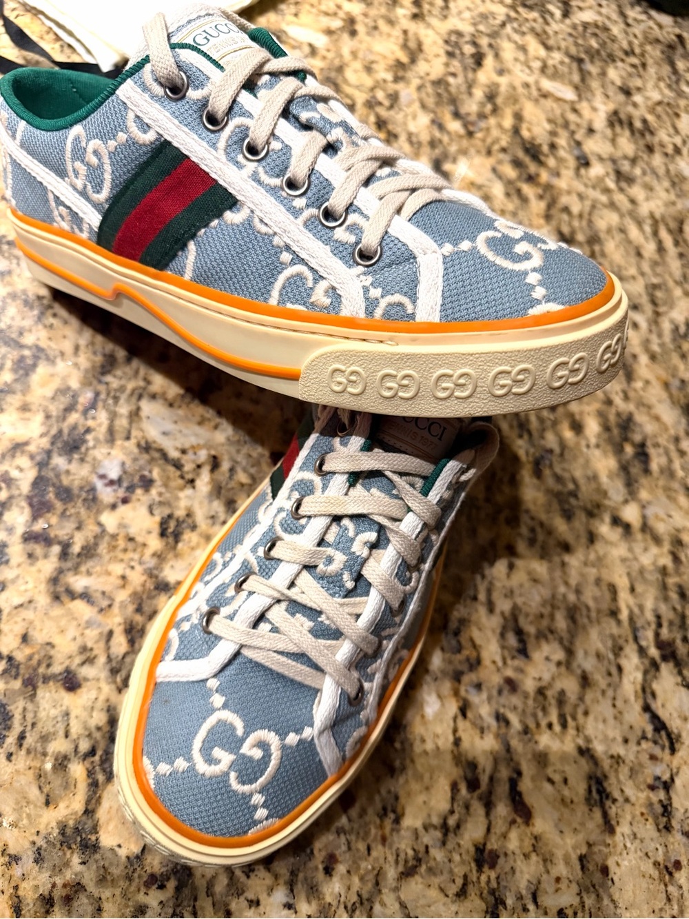 Gucci Women’s Blue GG Canvas Sneakers with Orange Trim and Green Interior - Picture 4 of 11